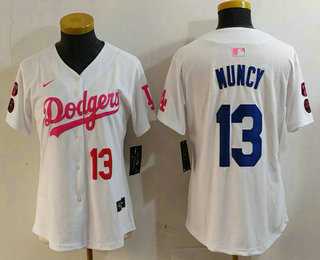 Women%27s Los Angeles Dodgers #13 Max Muncy Number White Pink With Patch Limited Stitched Jersey->mlb womens jerseys->MLB Jersey